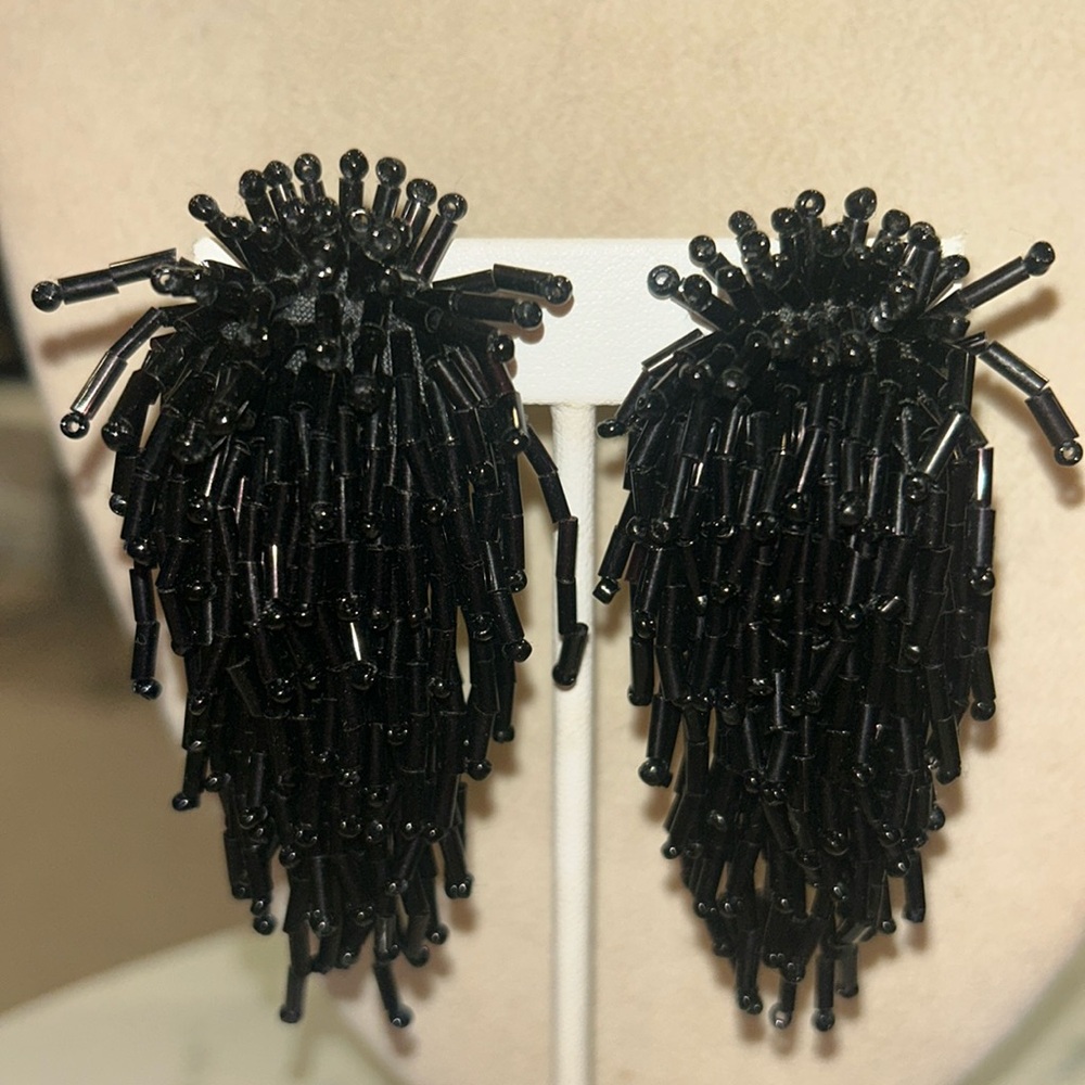 Vintage Jet black Bugle Bead Waterfall Clip on Earrings-Boutique